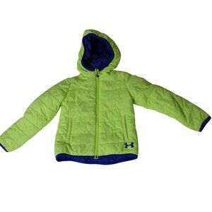 Under Armour Hooded Puffer Jacket Kids Size 4 Neon Green and Blue Long Sleeve